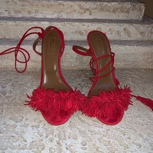 Aquazurra Red Fringed Suede Wild Thing Sandal
